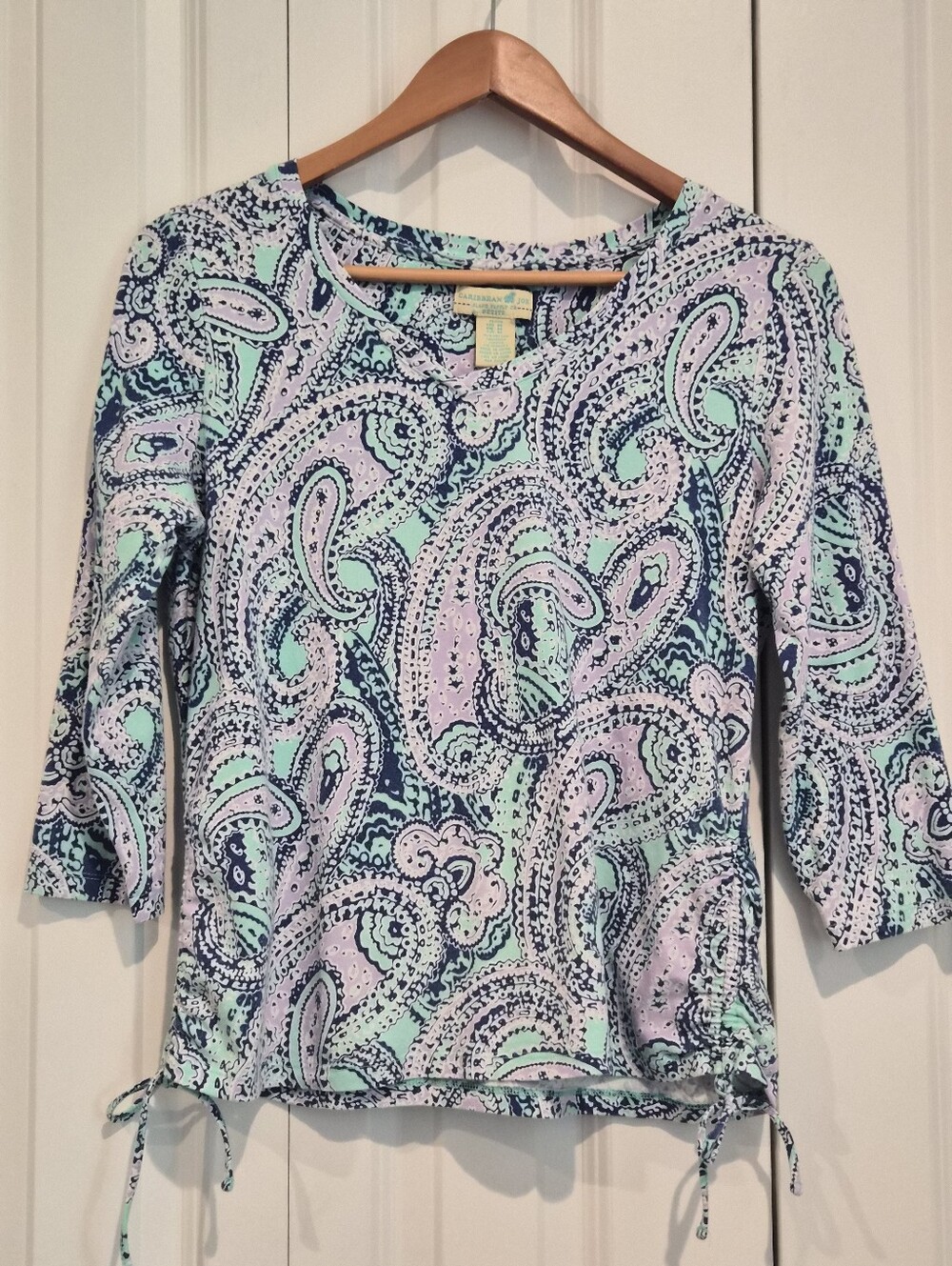 Caribbean Joe Petite Medium Paisley Top 3/4 Sleeve Side Cinch Tie Teal Purple